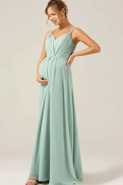 A-Line Esparguete Correias Backless Maternidade Matcha Vestido Madrinha