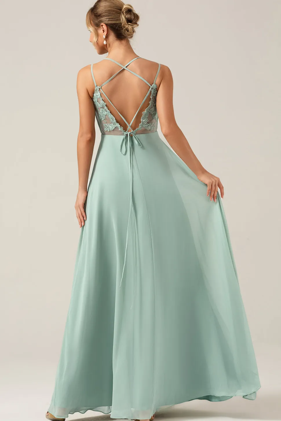 A-Line Esparguete Correias Backless Maternidade Matcha Vestido Madrinha