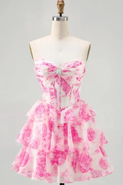 A-Line Espartilho sem alças Tiered Fuchsia Floral Short Homecoming Dress