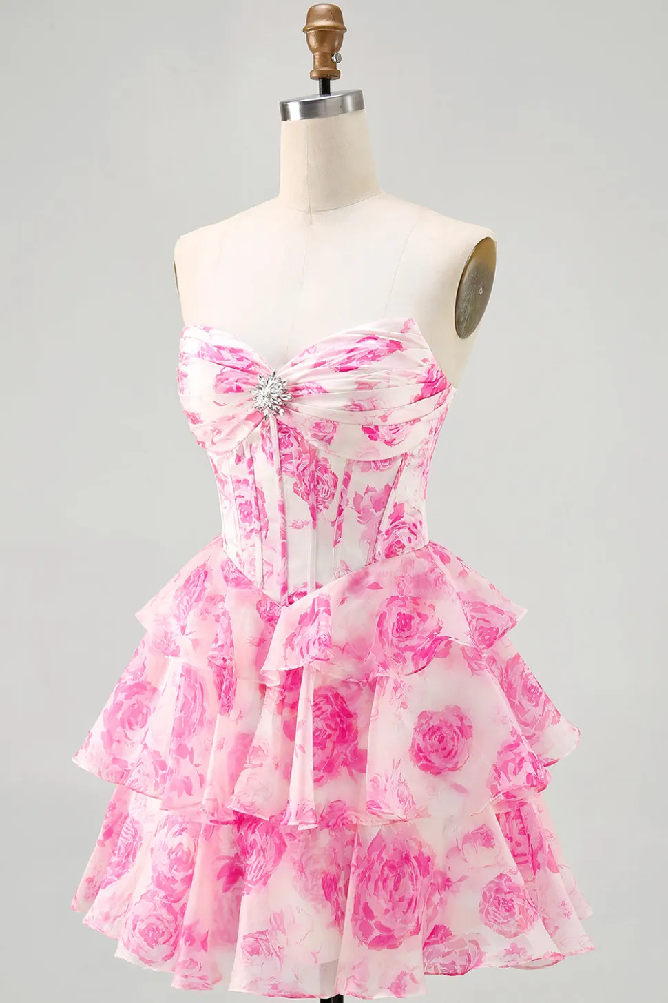 A-Line Espartilho sem alças Tiered Fuchsia Floral Short Homecoming Dress