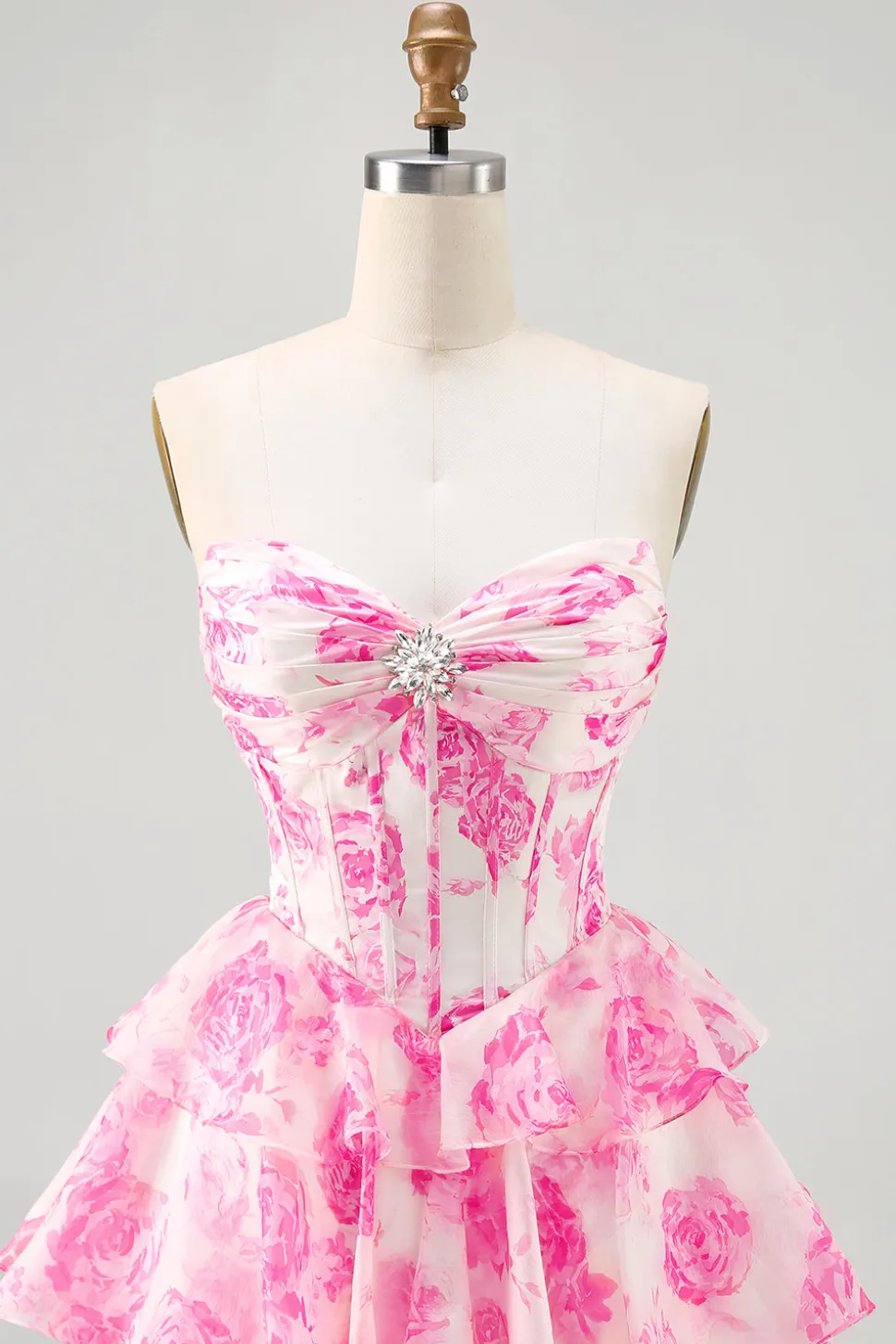 A-Line Espartilho sem alças Tiered Fuchsia Floral Short Homecoming Dress