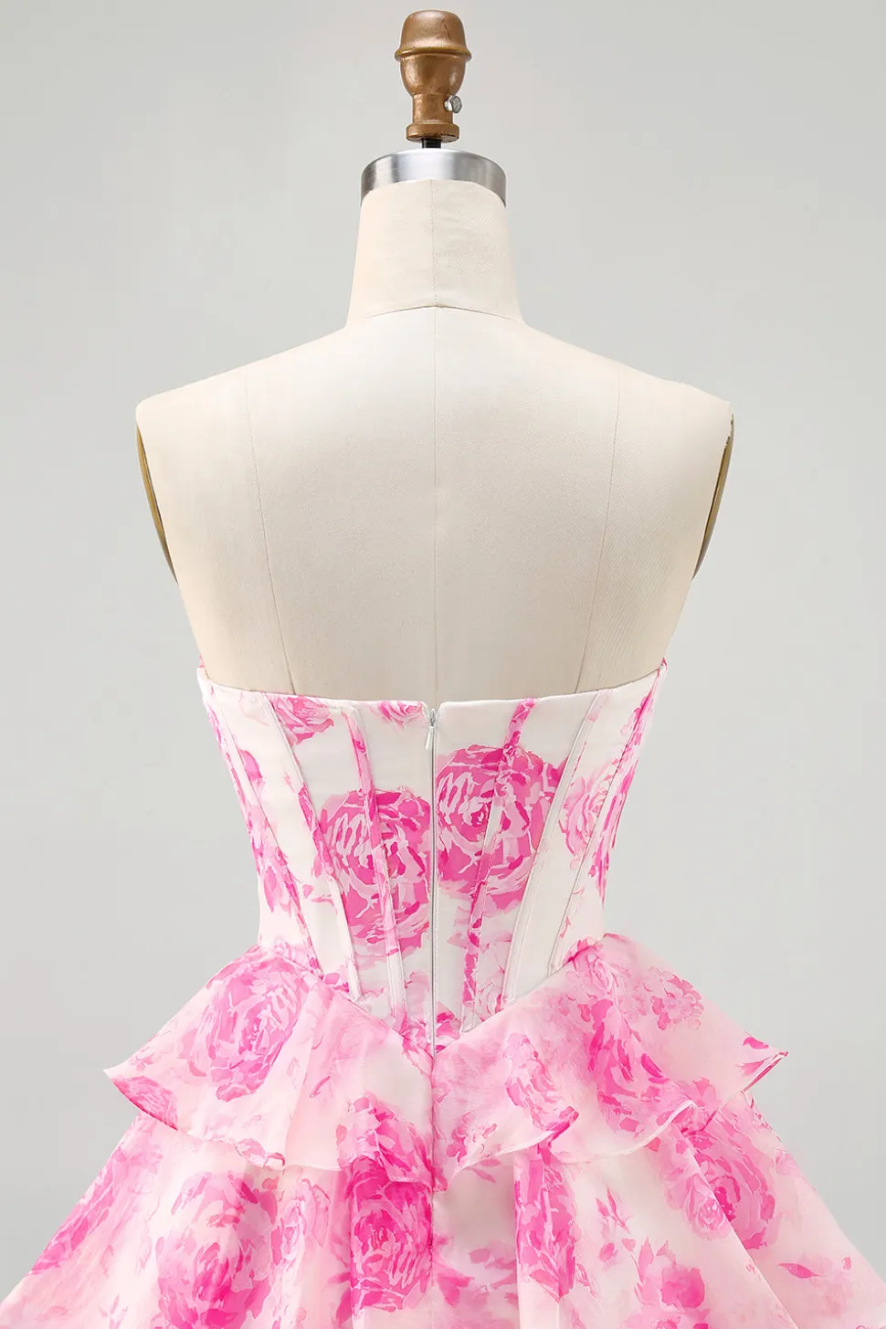 A-Line Espartilho sem alças Tiered Fuchsia Floral Short Homecoming Dress