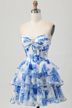 A-Line Espartilho sem alças Tiered Fuchsia Floral Short Homecoming Dress