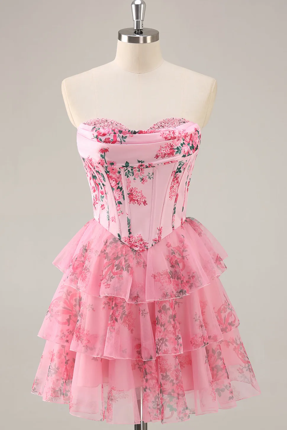 A-Line Espartilho sem alças Tiered Flor Rosa Vestido Curto Homecoming