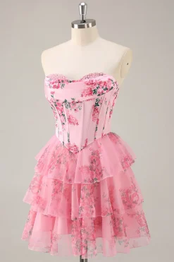 A-Line Espartilho sem alças Tiered Flor Rosa Vestido Curto Homecoming