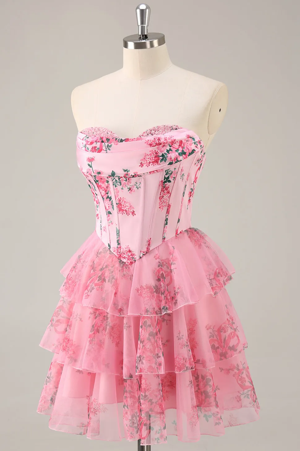 A-Line Espartilho sem alças Tiered Flor Rosa Vestido Curto Homecoming