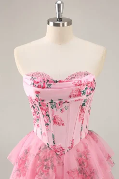 A-Line Espartilho sem alças Tiered Flor Rosa Vestido Curto Homecoming