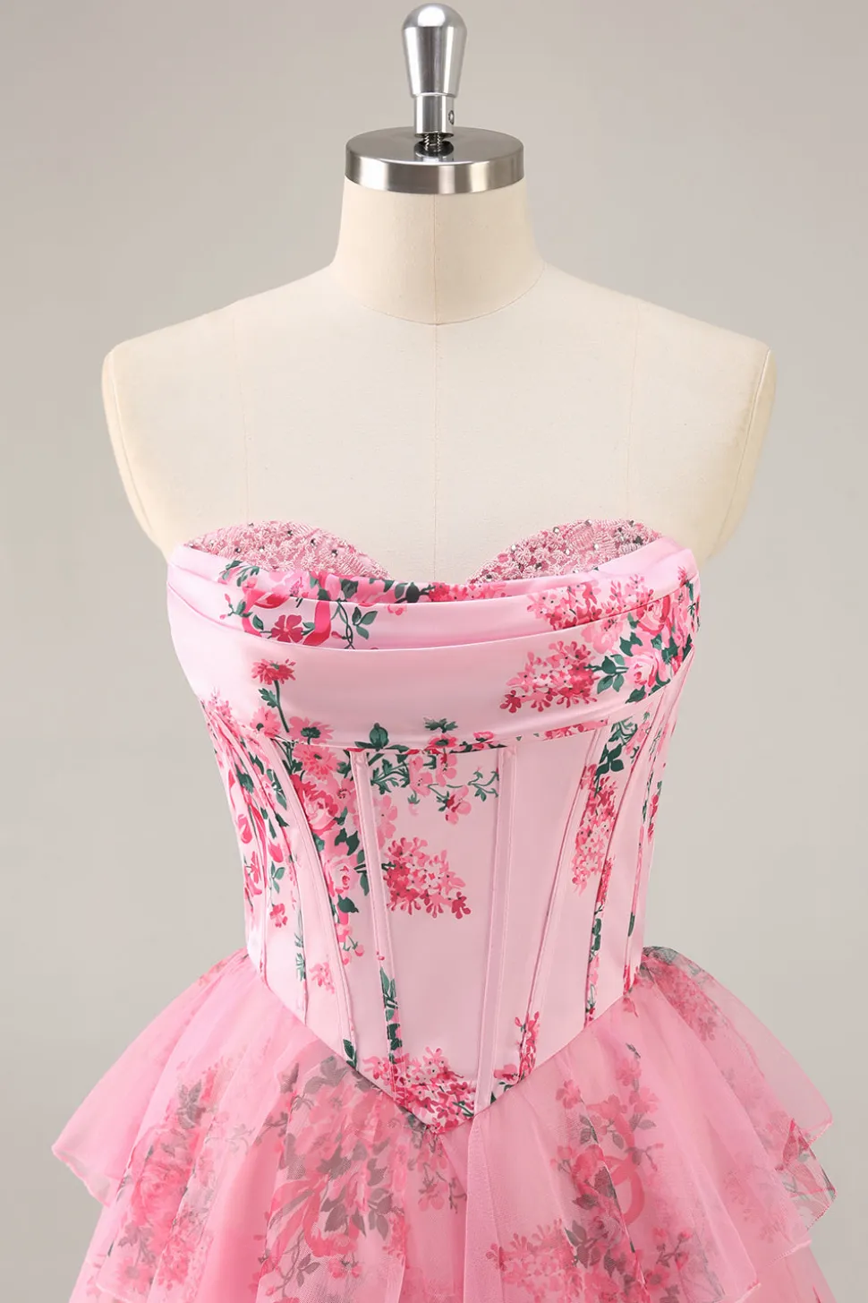 A-Line Espartilho sem alças Tiered Flor Rosa Vestido Curto Homecoming