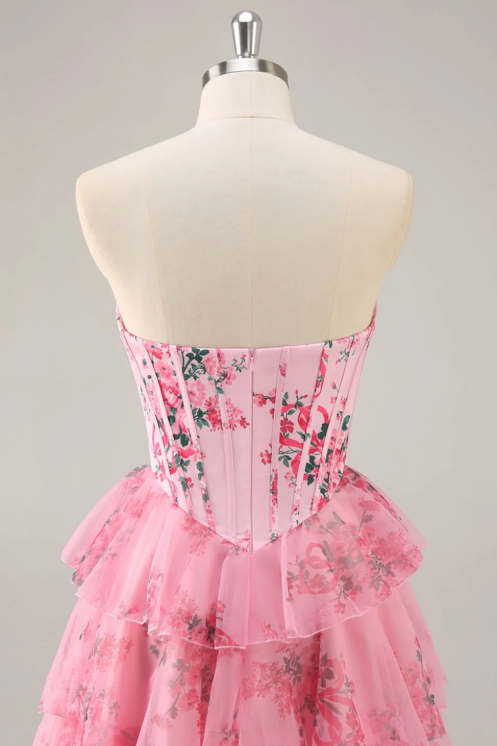 A-Line Espartilho sem alças Tiered Flor Rosa Vestido Curto Homecoming