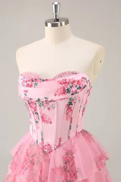 A-Line Espartilho sem alças Tiered Flor Rosa Vestido Curto Homecoming