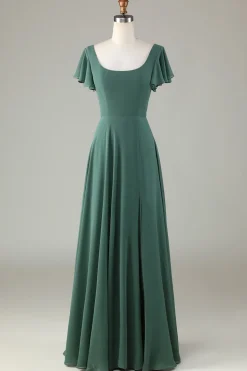 A-Line Eucalipto Vestido Longo Madrinha com Folhos