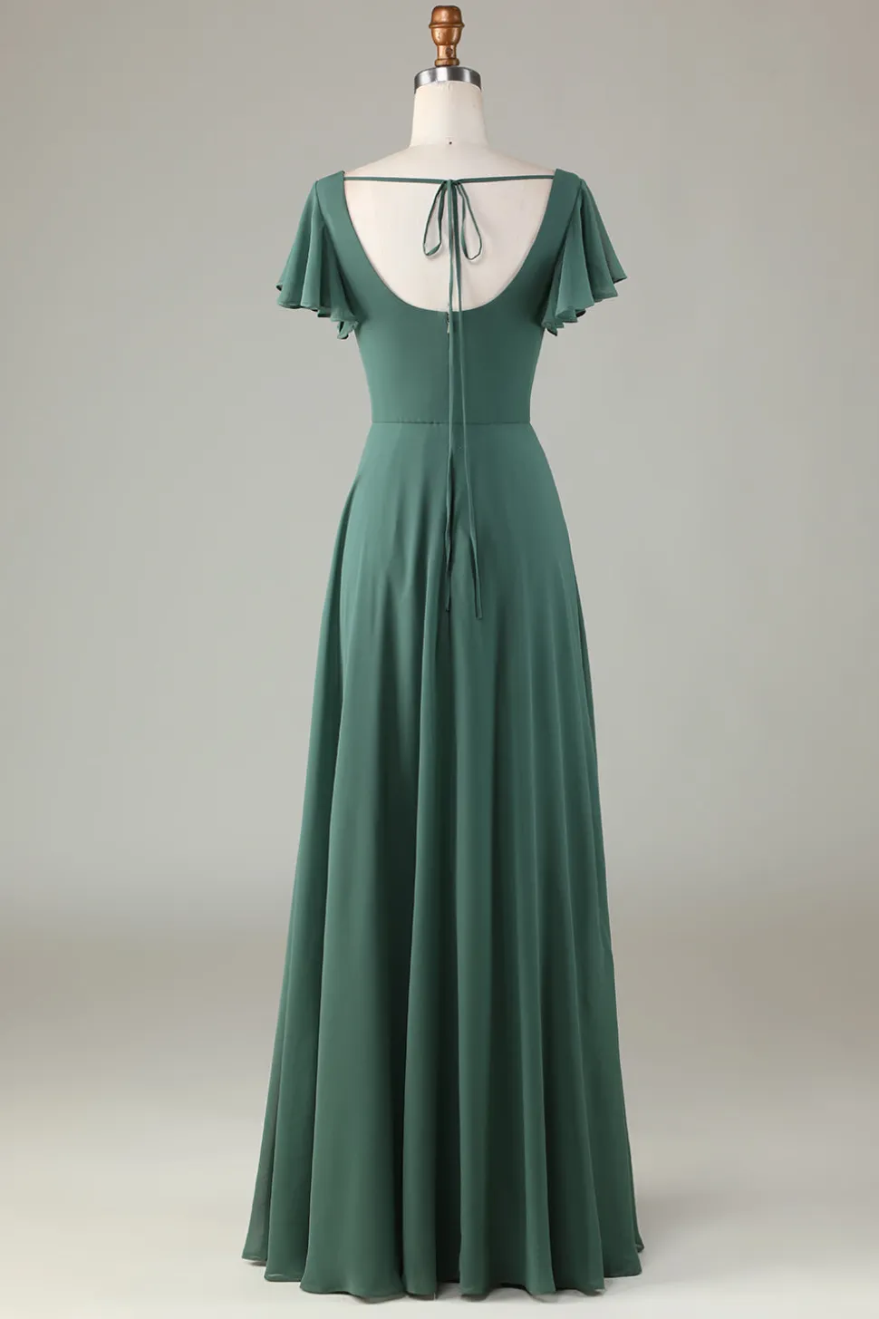 A-Line Eucalipto Vestido Longo Madrinha com Folhos