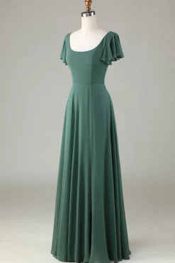 A-Line Eucalipto Vestido Longo Madrinha com Folhos