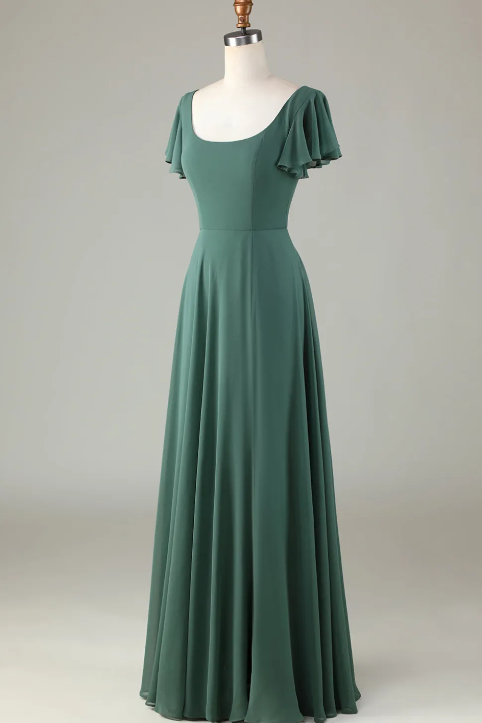 A-Line Eucalipto Vestido Longo Madrinha com Folhos