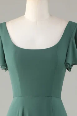 A-Line Eucalipto Vestido Longo Madrinha com Folhos