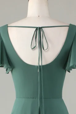 A-Line Eucalipto Vestido Longo Madrinha com Folhos