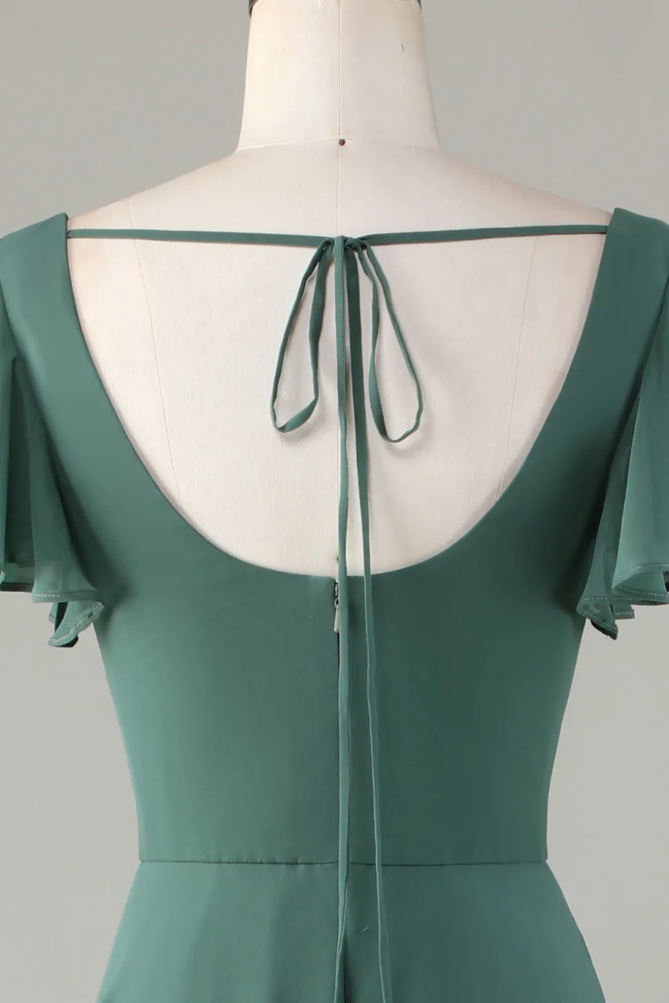 A-Line Eucalipto Vestido Longo Madrinha com Folhos