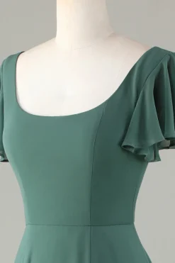 A-Line Eucalipto Vestido Longo Madrinha com Folhos