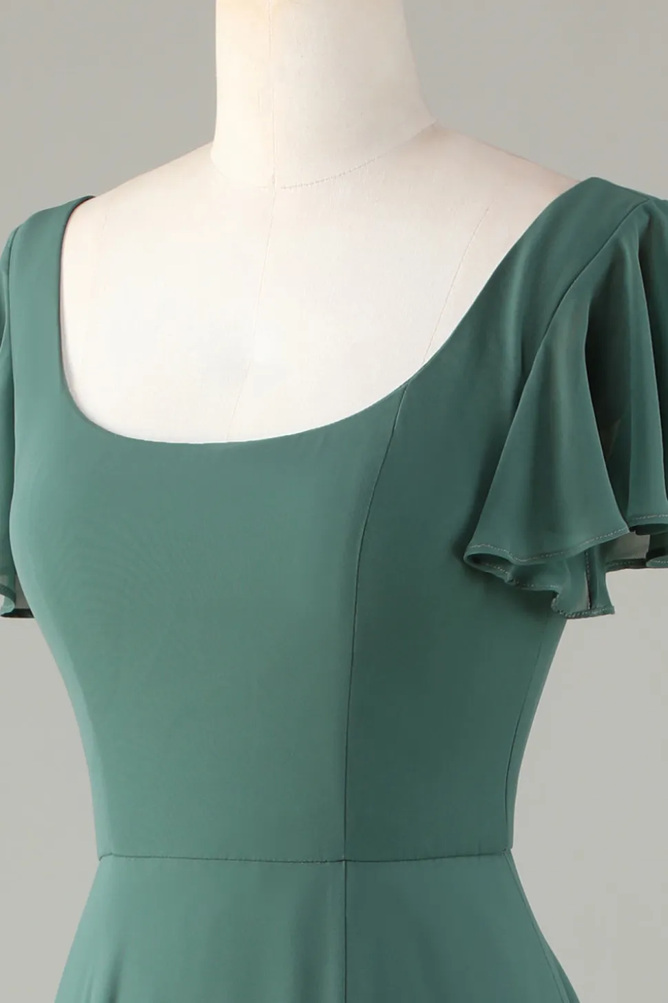A-Line Eucalipto Vestido Longo Madrinha com Folhos