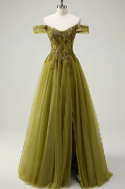 A-Line Exército Verde Off O Ombro Longo Vestido de Baile com Fenda