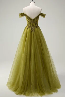 A-Line Exército Verde Off O Ombro Longo Vestido de Baile com Fenda