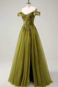 A-Line Exército Verde Off O Ombro Longo Vestido de Baile com Fenda