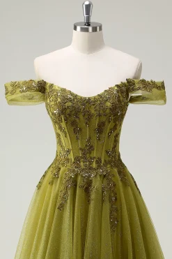 A-Line Exército Verde Off O Ombro Longo Vestido de Baile com Fenda