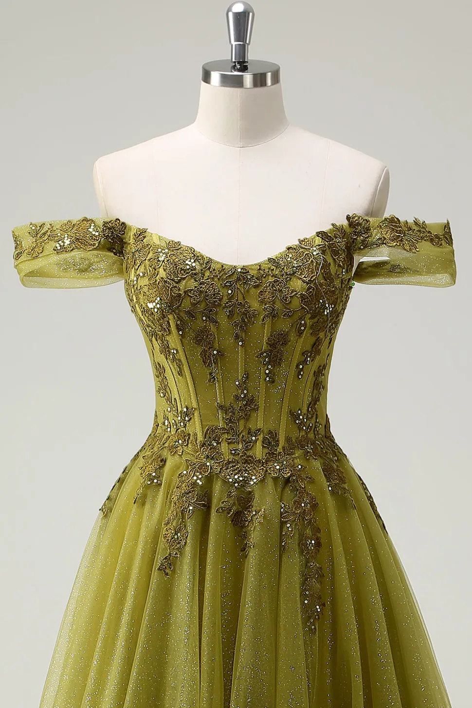 A-Line Exército Verde Off O Ombro Longo Vestido de Baile com Fenda
