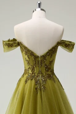 A-Line Exército Verde Off O Ombro Longo Vestido de Baile com Fenda