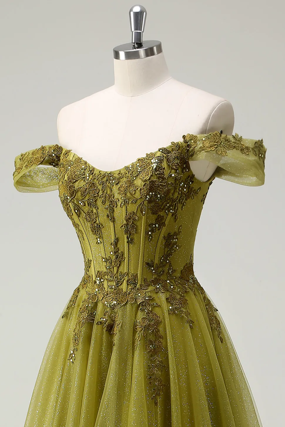 A-Line Exército Verde Off O Ombro Longo Vestido de Baile com Fenda
