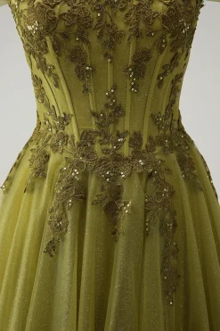 A-Line Exército Verde Off O Ombro Longo Vestido de Baile com Fenda