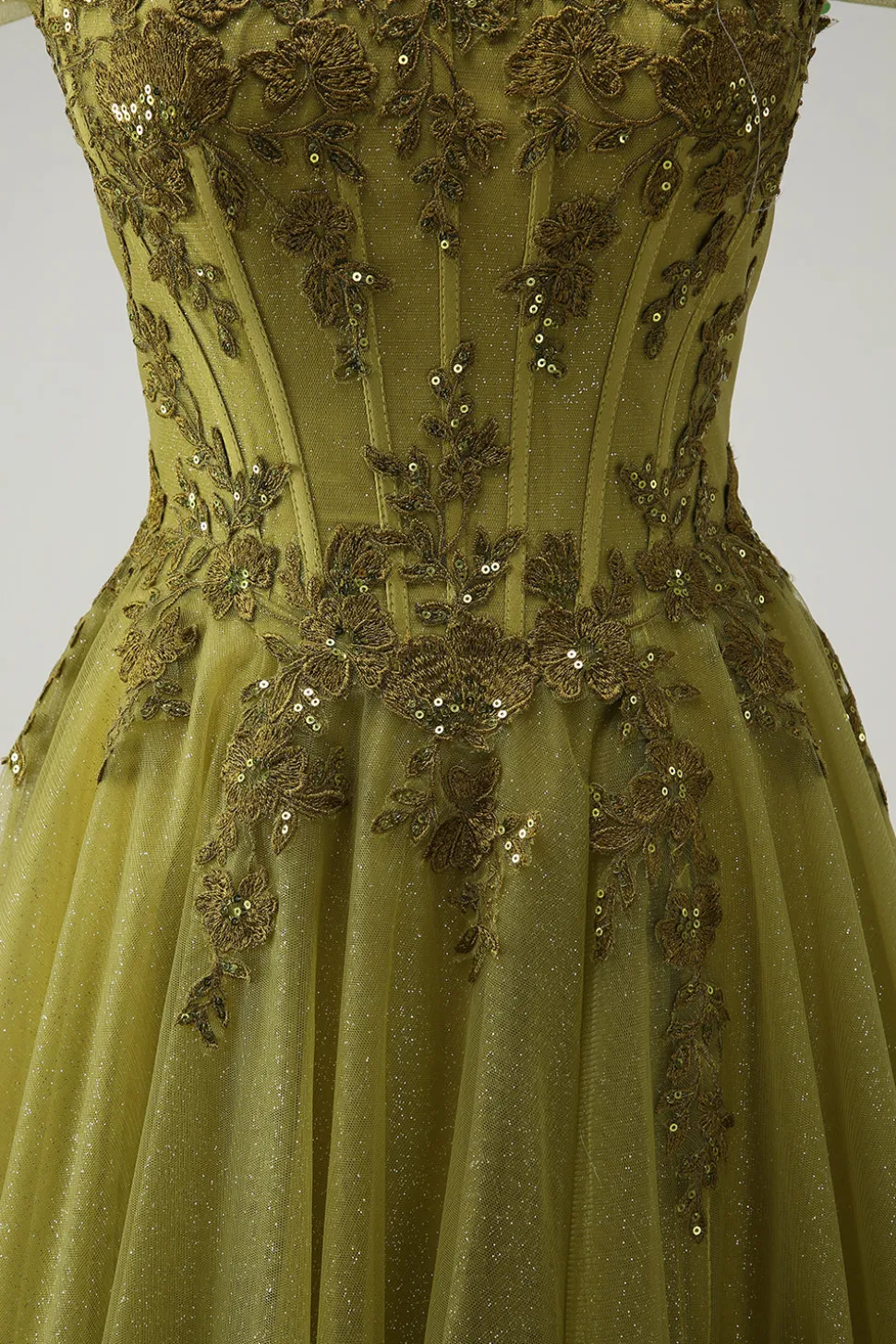 A-Line Exército Verde Off O Ombro Longo Vestido de Baile com Fenda