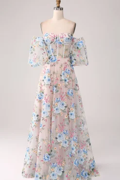 A-Line flor de damasco fora do ombro longo espartilho vestido de baile