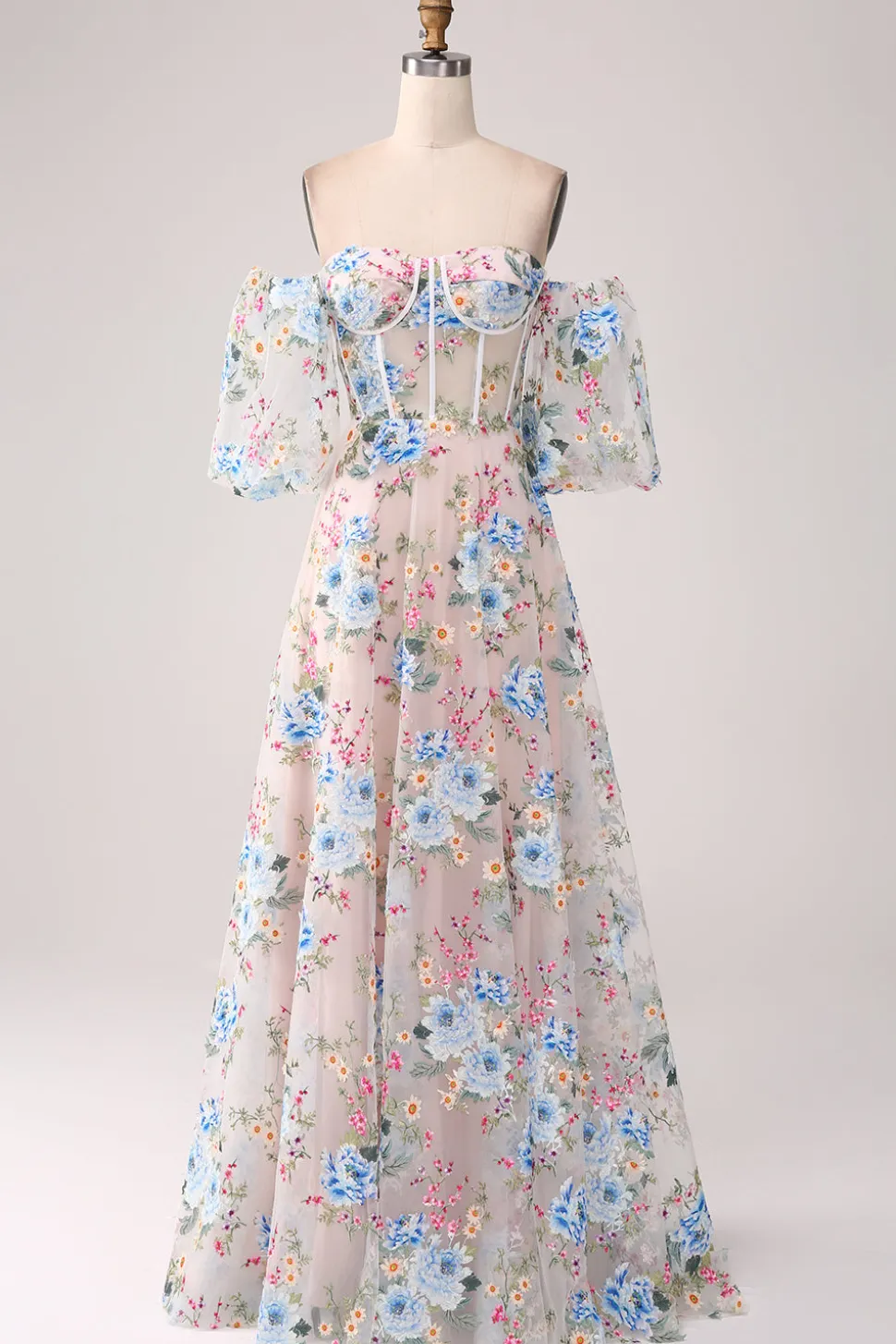 A-Line flor de damasco fora do ombro longo espartilho vestido de baile
