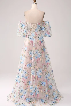 A-Line flor de damasco fora do ombro longo espartilho vestido de baile
