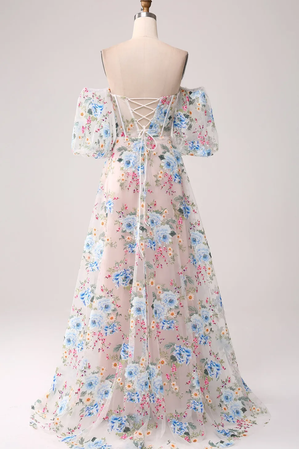 A-Line flor de damasco fora do ombro longo espartilho vestido de baile