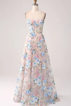 A-Line flor de damasco fora do ombro longo espartilho vestido de baile