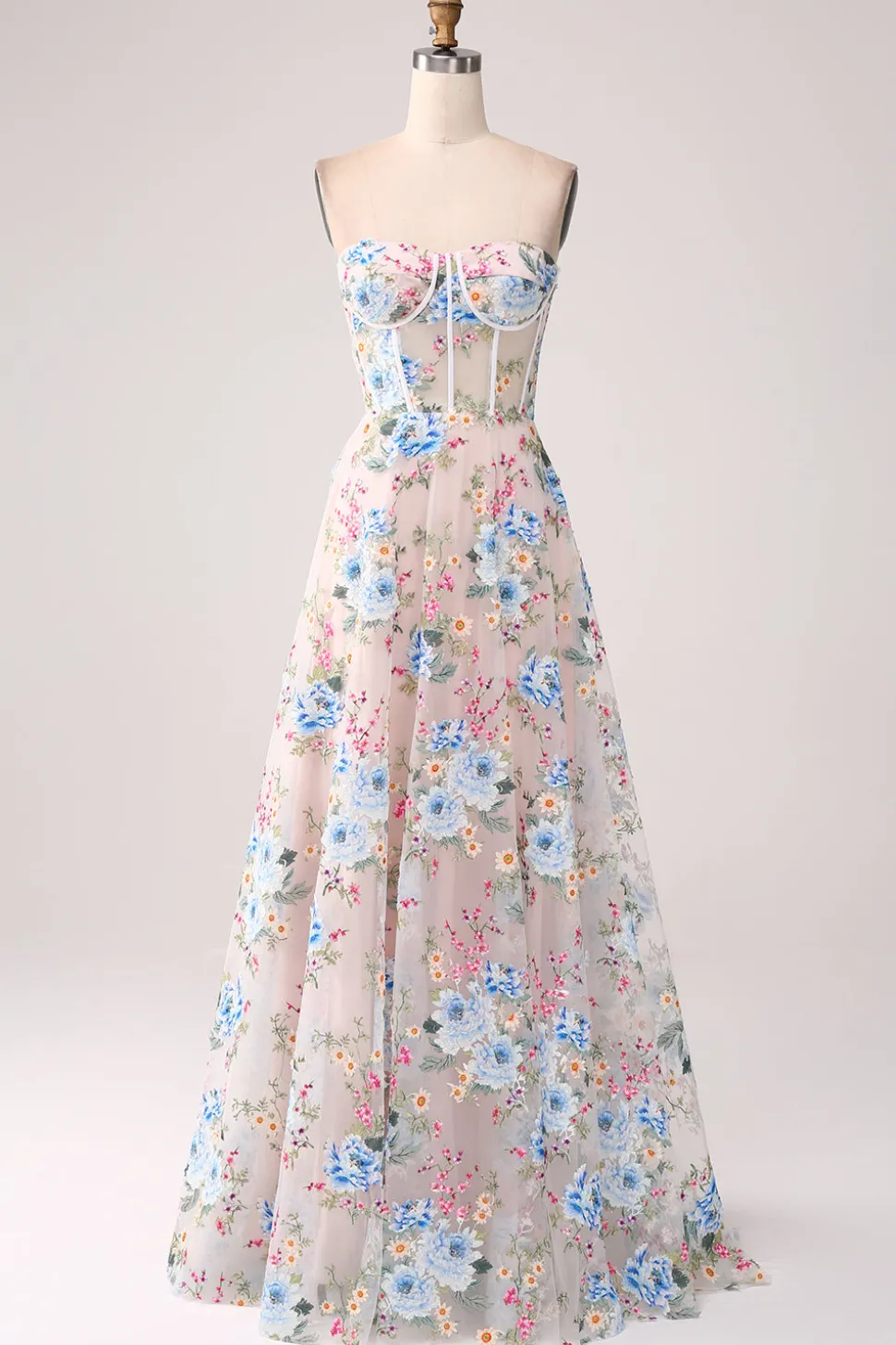 A-Line flor de damasco fora do ombro longo espartilho vestido de baile