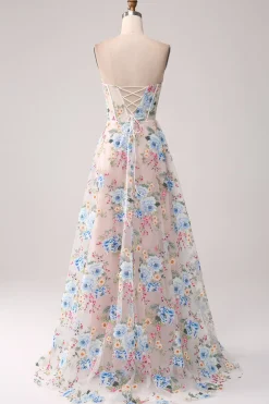 A-Line flor de damasco fora do ombro longo espartilho vestido de baile