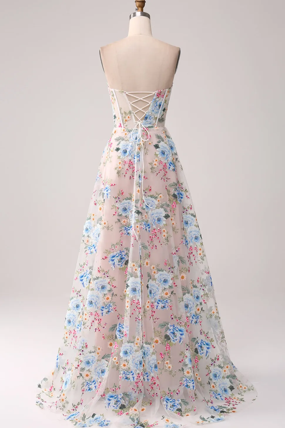A-Line flor de damasco fora do ombro longo espartilho vestido de baile