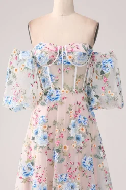 A-Line flor de damasco fora do ombro longo espartilho vestido de baile