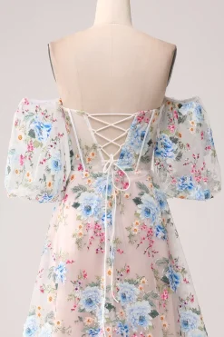 A-Line flor de damasco fora do ombro longo espartilho vestido de baile