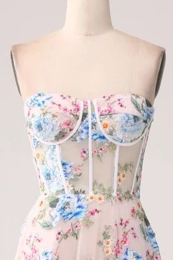 A-Line flor de damasco fora do ombro longo espartilho vestido de baile