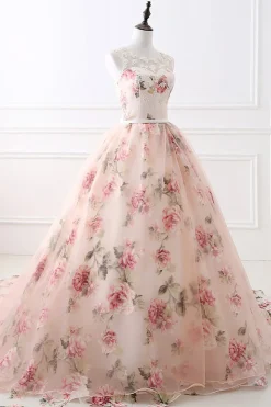 A-Line Flor Estampado Rosa Vestido de Noiva