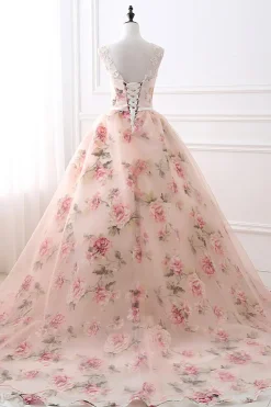 A-Line Flor Estampado Rosa Vestido de Noiva