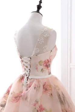 A-Line Flor Estampado Rosa Vestido de Noiva