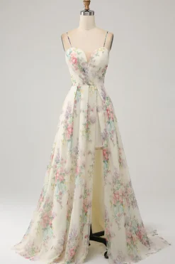 A-Line Flor Vestido de Baile de Marfim Impresso com Fenda