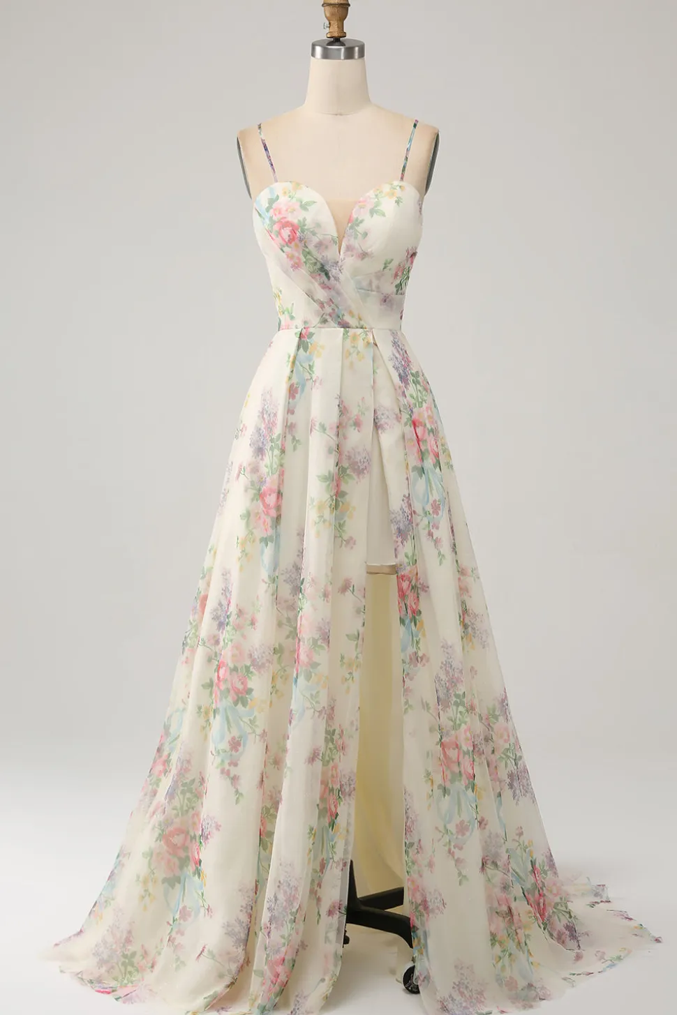 A-Line Flor Vestido de Baile de Marfim Impresso com Fenda