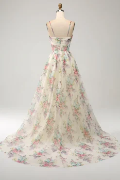 A-Line Flor Vestido de Baile de Marfim Impresso com Fenda