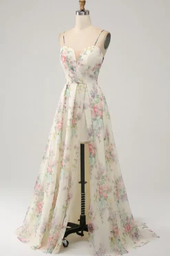 A-Line Flor Vestido de Baile de Marfim Impresso com Fenda